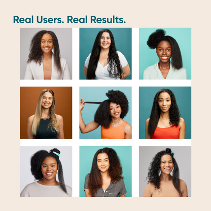 Grid of nine women with different hairstyles and colors on a beige background with text 'Real Users. Real Results.'