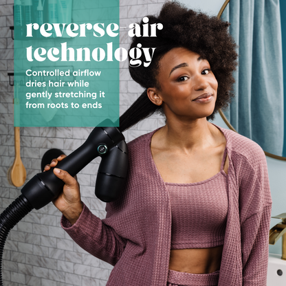 Woman using a hair dryer with text about reverse air technology
