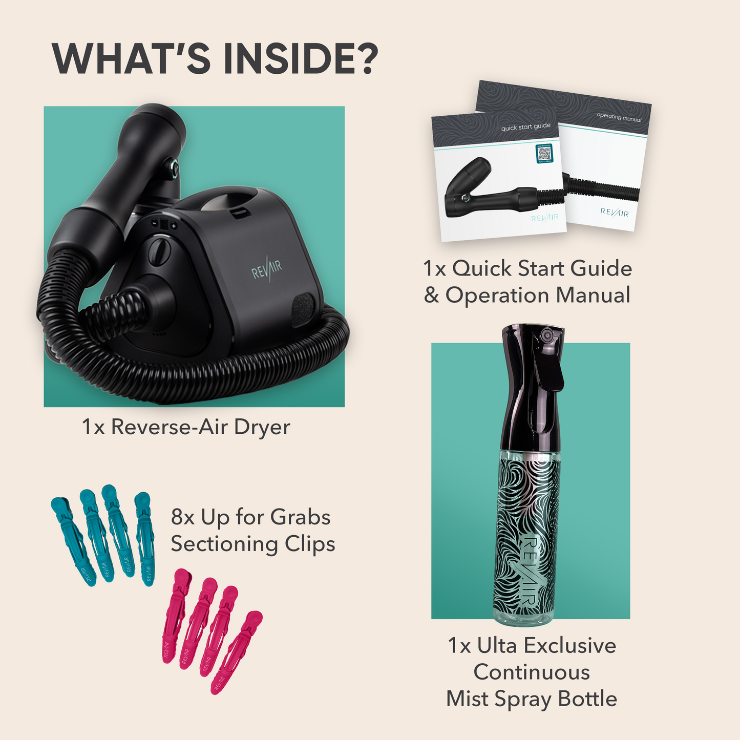 Product packaging with reverse-air dryer, up for grabs clips, quick start guide, operation manual, and continuous mist spray bottle.