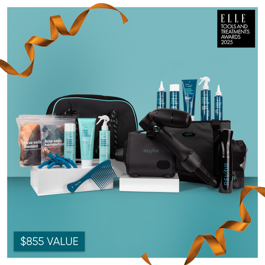 Hair care accessories collection around RevAir hair dryer with text: $855 value and Elle awards badge