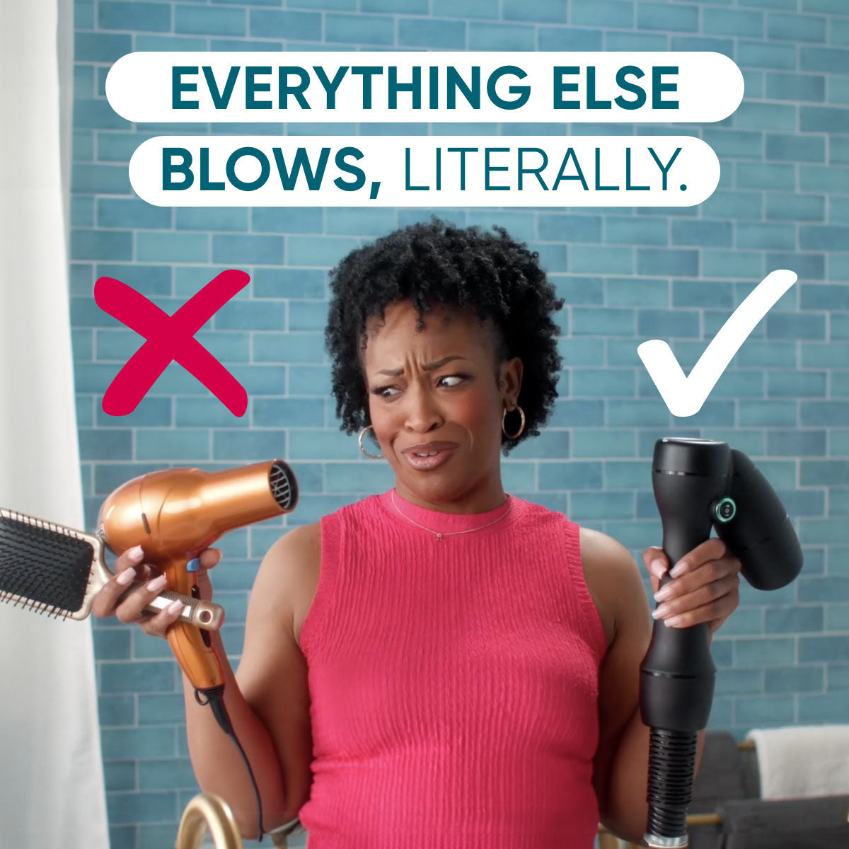 Woman holding two hair dryers, traditional (X) and modern (✓). Text: Everything else blows, literally. Skeptical expression at blow dryer, implying superiority of RevAir dryer.