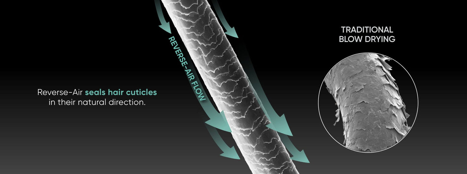 Illustration showing hair strand and cuticle with directional arrows depicting the air flow of the RevAir. Reverse-Air seals hair cuticles in their natural direction vs traditional blow drying.