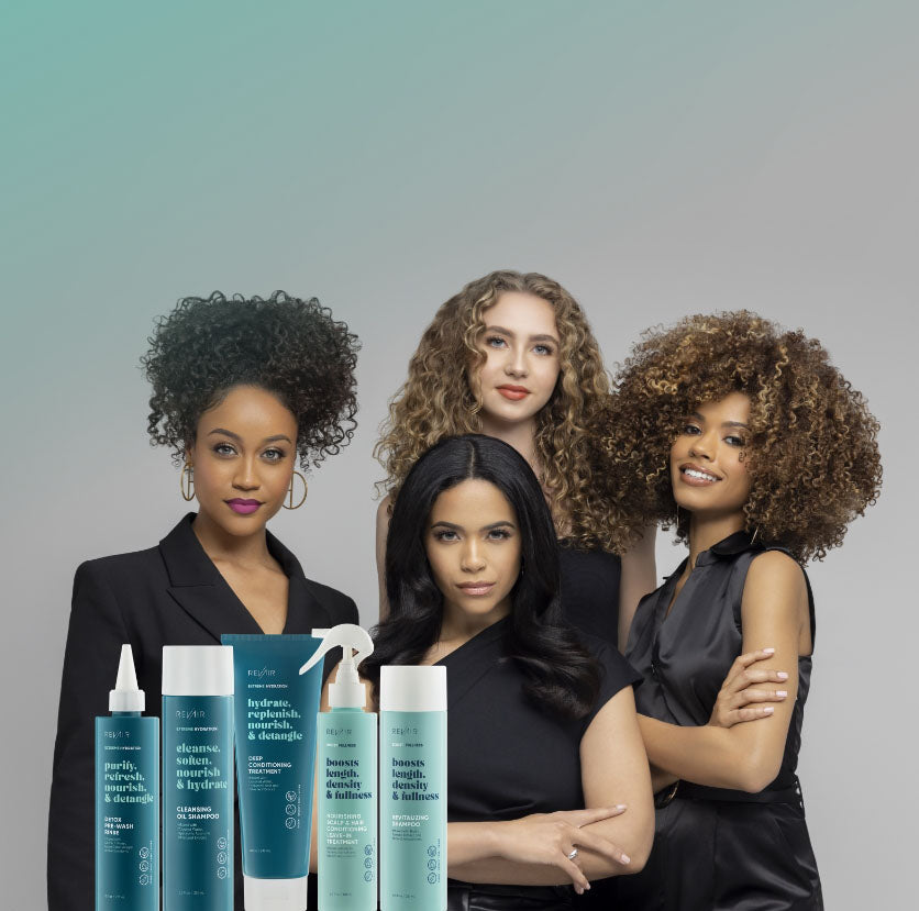 Group of diverse women with type 3 and 4 hair, with new RevAir hair care products in foreground