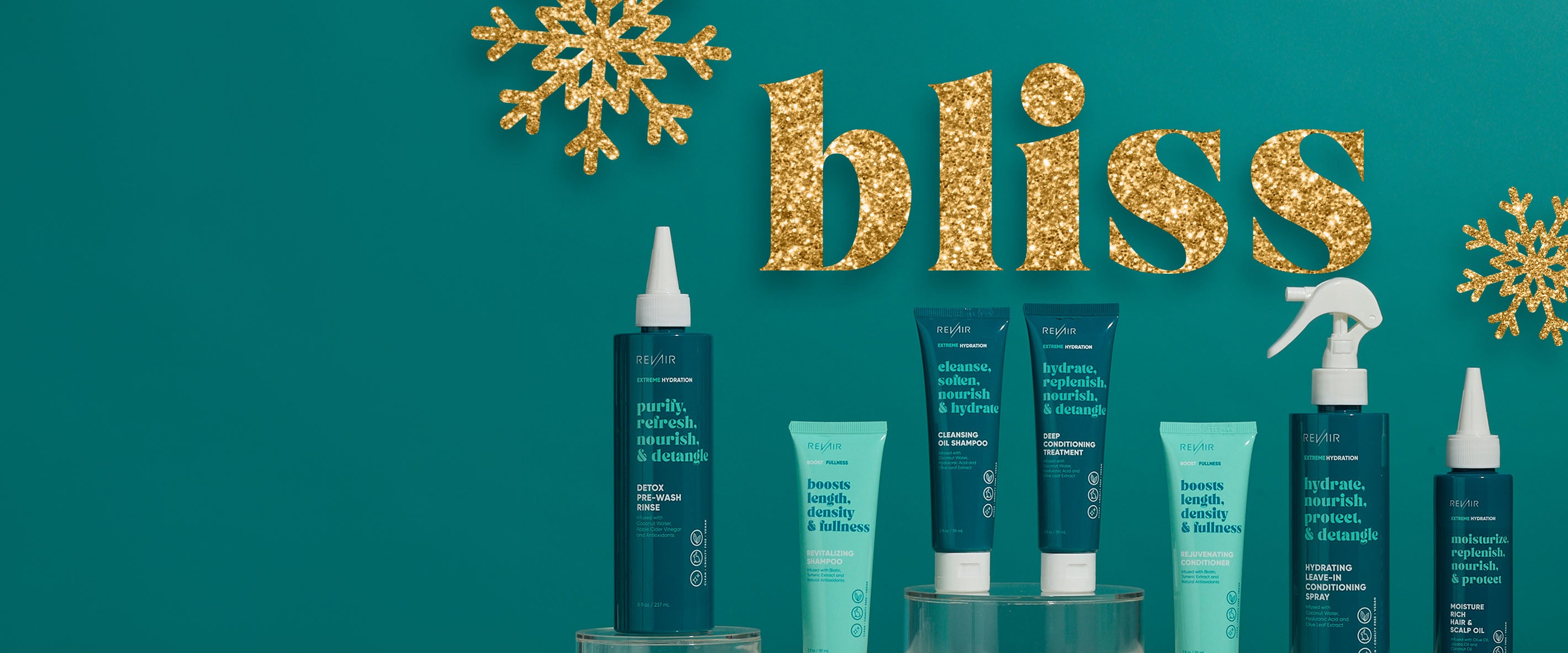 RevAir haircare products with glitter snowflakes and the word Bliss