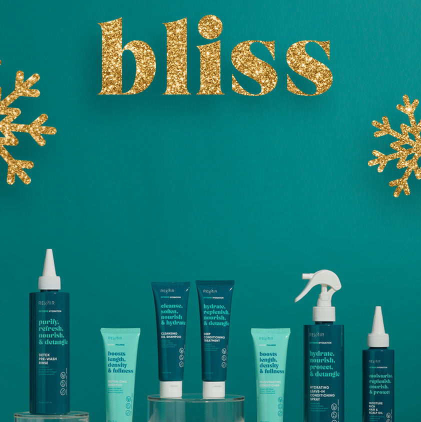 RevAir haircare products with glitter snowflakes and the word Bliss