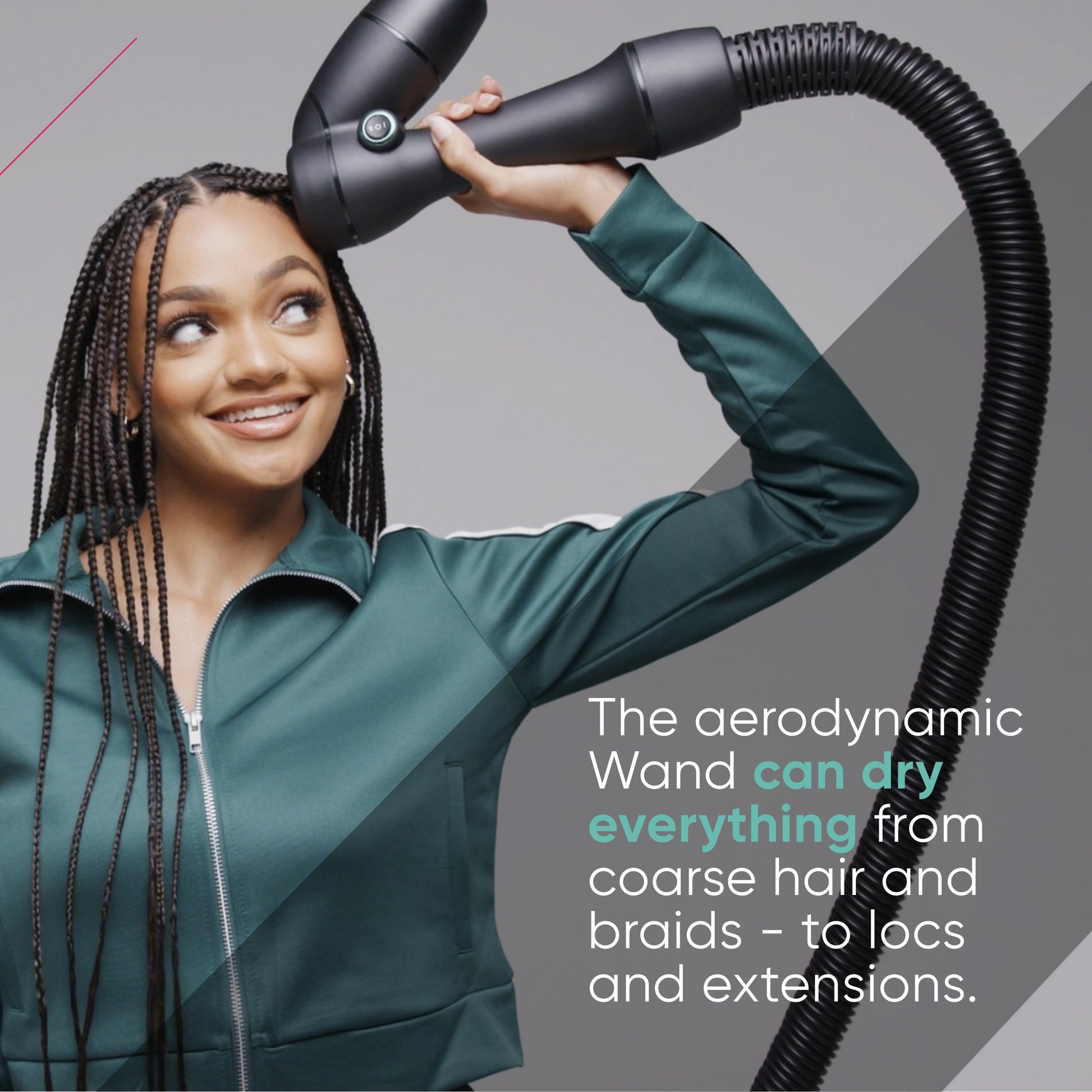 The aerodynamic wand can dry everything from coarse hair and braids to locs and extenstions.